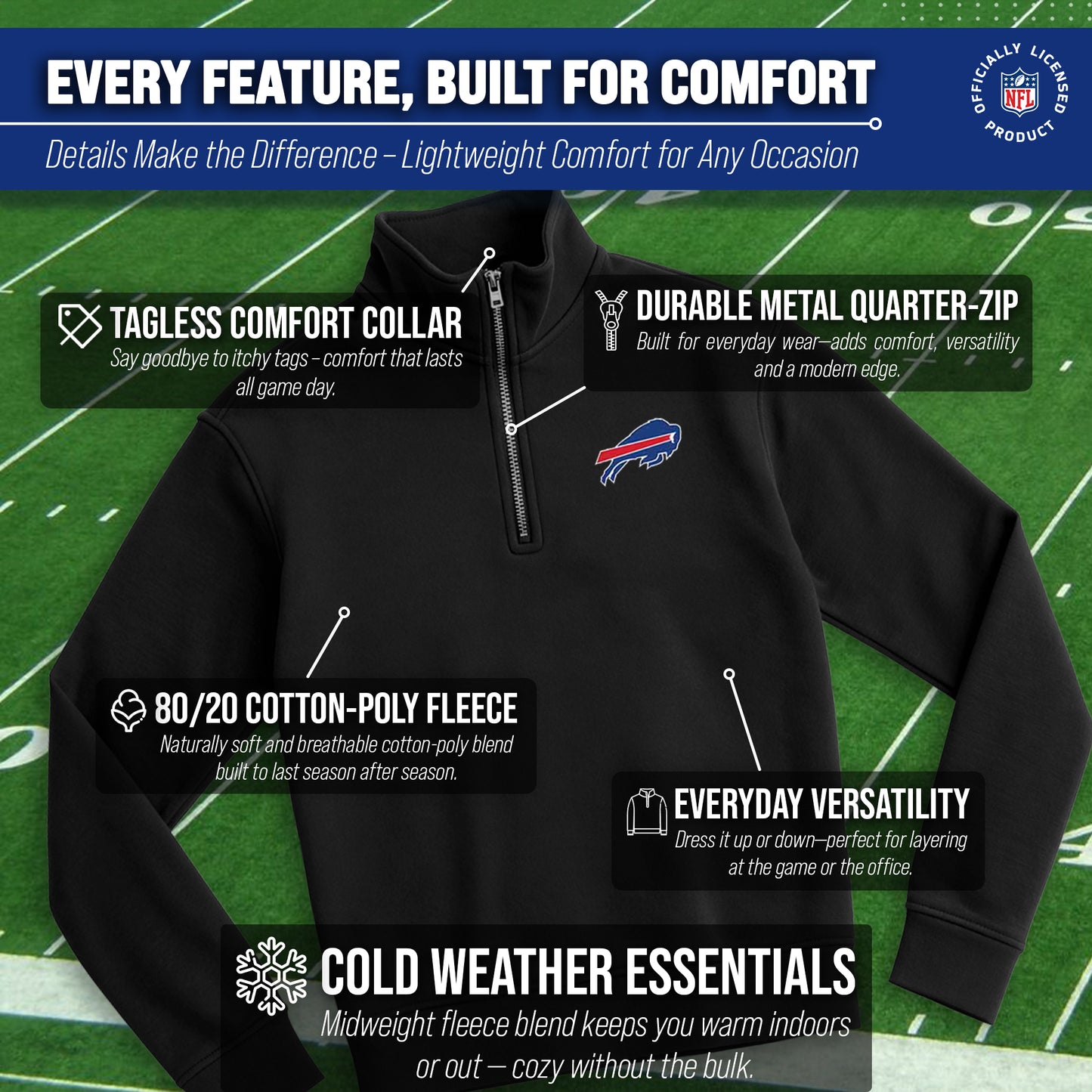 Buffalo Bills NFL Adult Unisex Team Logo Quarter Zip Pullover Sweatshirt - Black