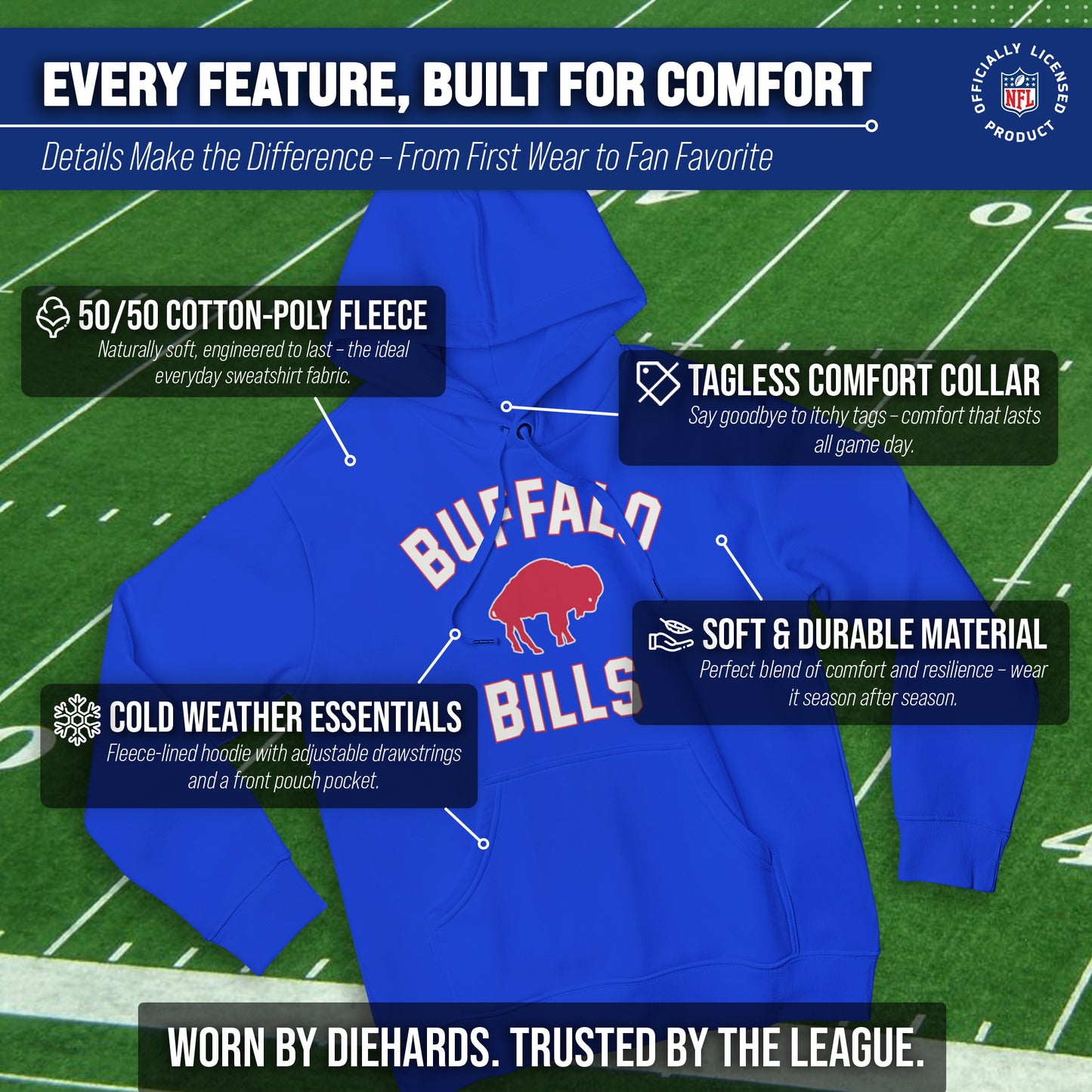 Buffalo Bills NFL Adult Unisex Retro Gameday Ultra Soft Fleece Hooded Sweatshirt - Royal