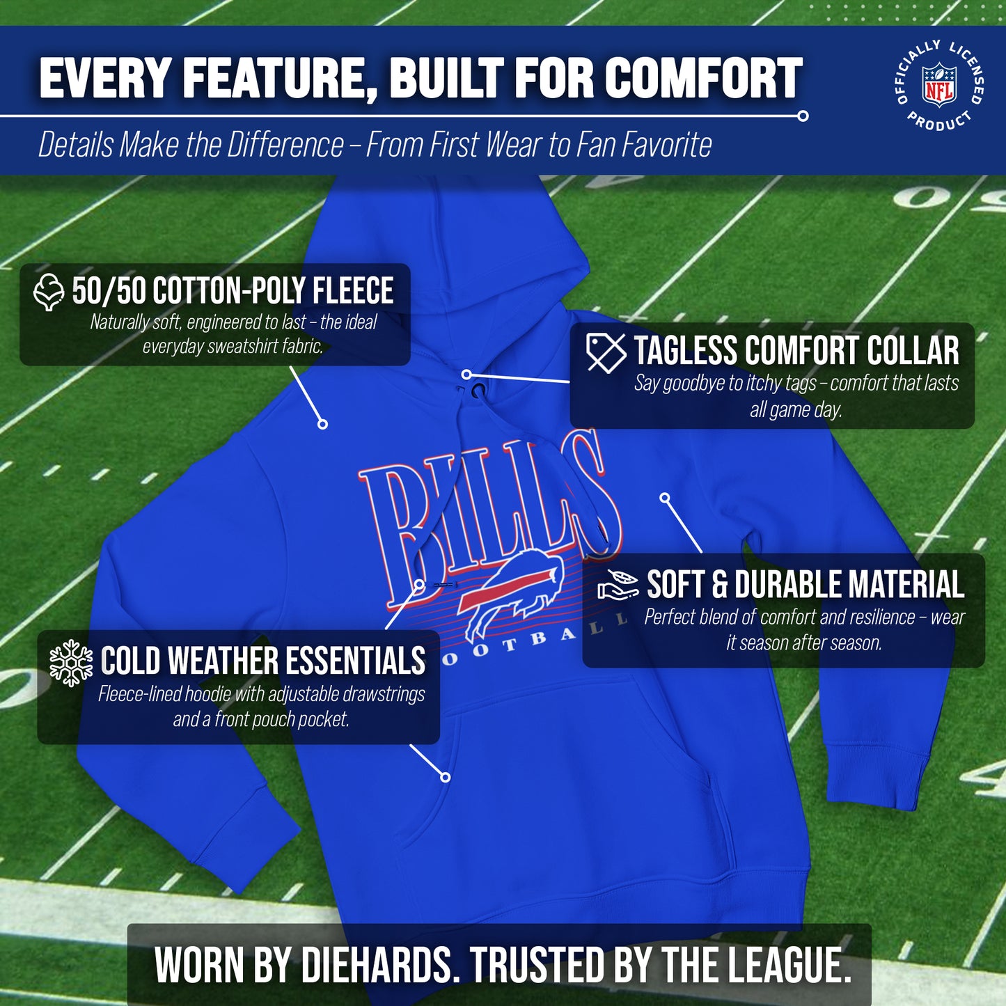 Buffalo Bills NFL Adult Unisex Overtime Blueprint Soft Fleece Hooded Sweatshirt - Royal