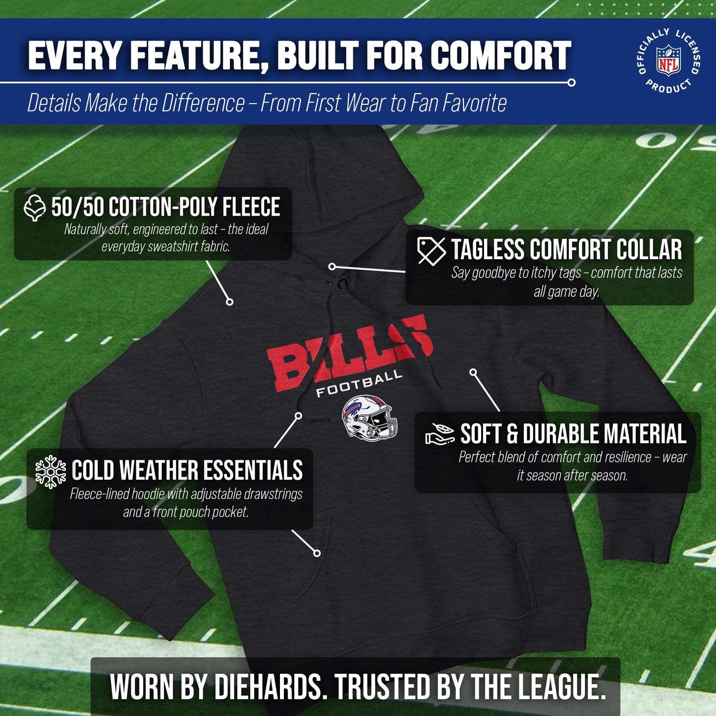 Buffalo Bills Adult NFL Football Helmet Heather Hooded Sweatshirt  - Charcoal