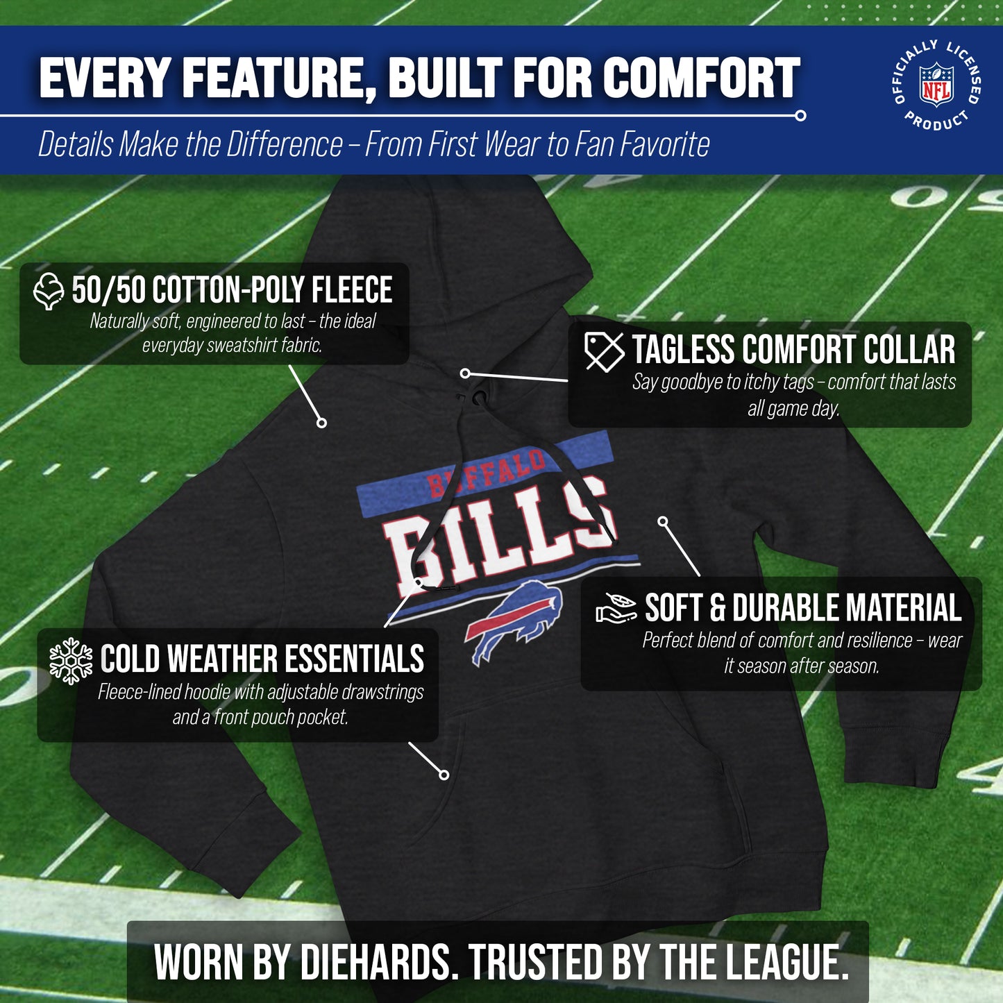 Buffalo Bills NFL Adult Gameday Charcoal Hooded Sweatshirt - Charcoal
