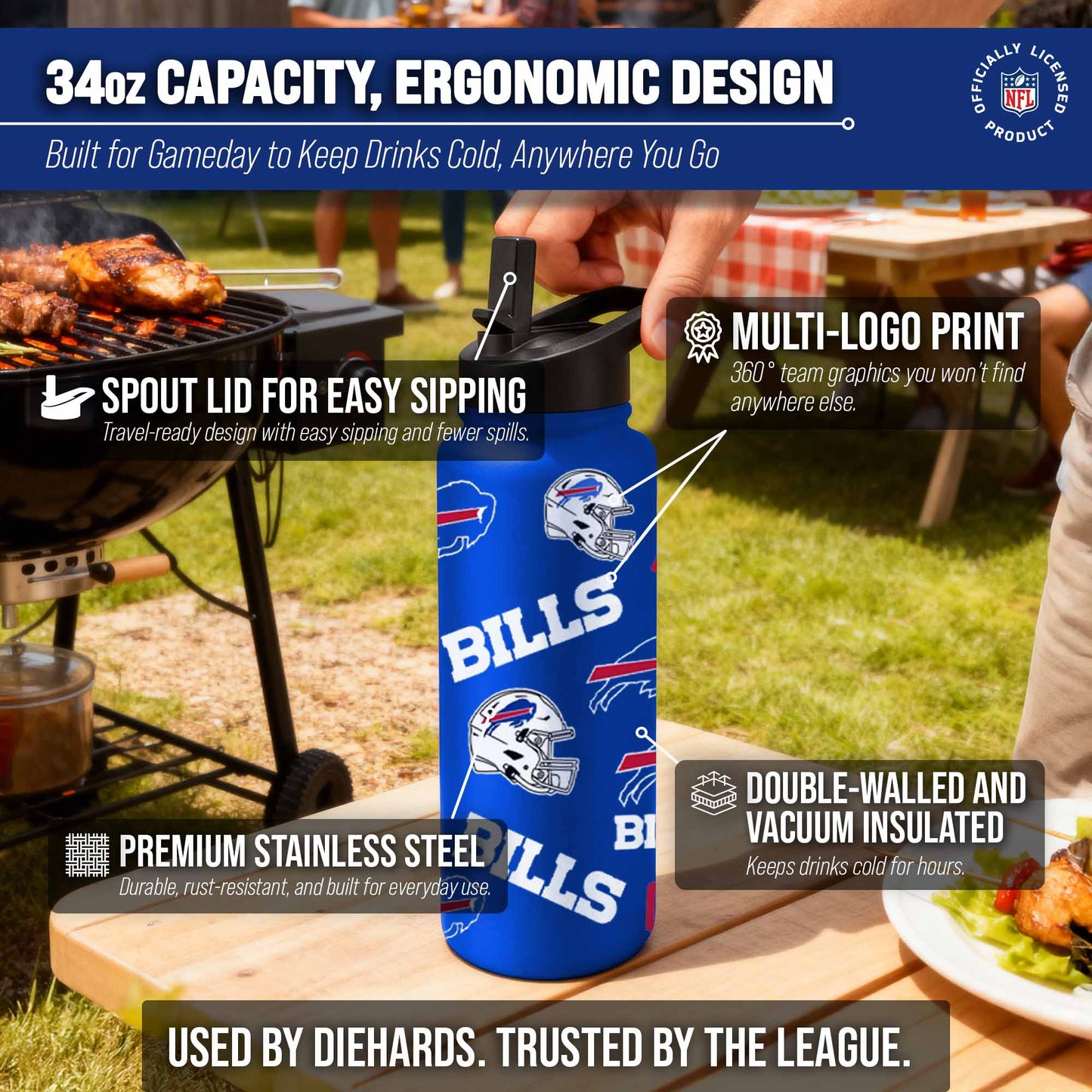 Buffalo Bills NFL 34oz Quencher Stainless Steel Insulated Water Bottle - Royal