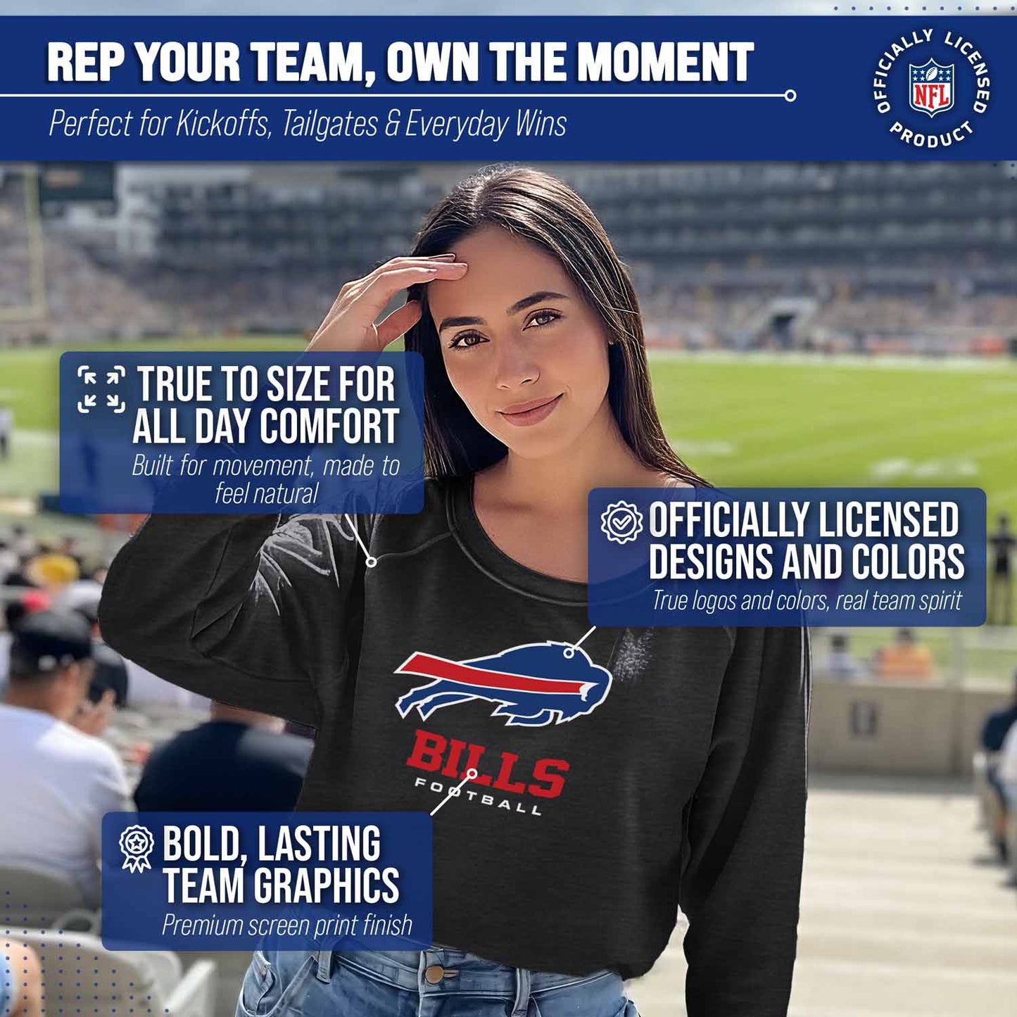 Buffalo Bills Women's NFL Ultimate Fan Logo Slouchy Crewneck -Tagless Fleece Lightweight Pullover - Charcoal