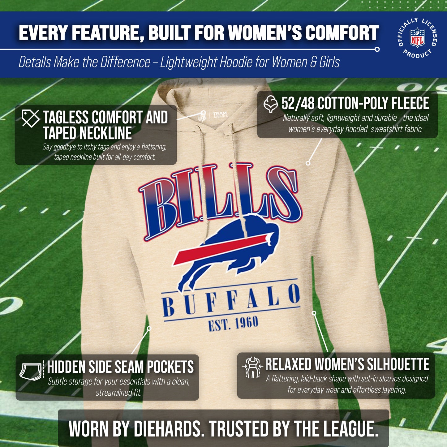 Buffalo Bills Ladies NFL Starstruck Fleece Pullover Hooded Sweatshirt - Cream