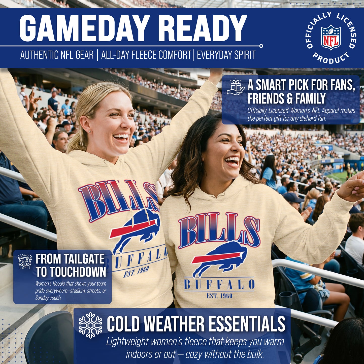 Buffalo Bills Ladies NFL Starstruck Fleece Pullover Hooded Sweatshirt - Cream