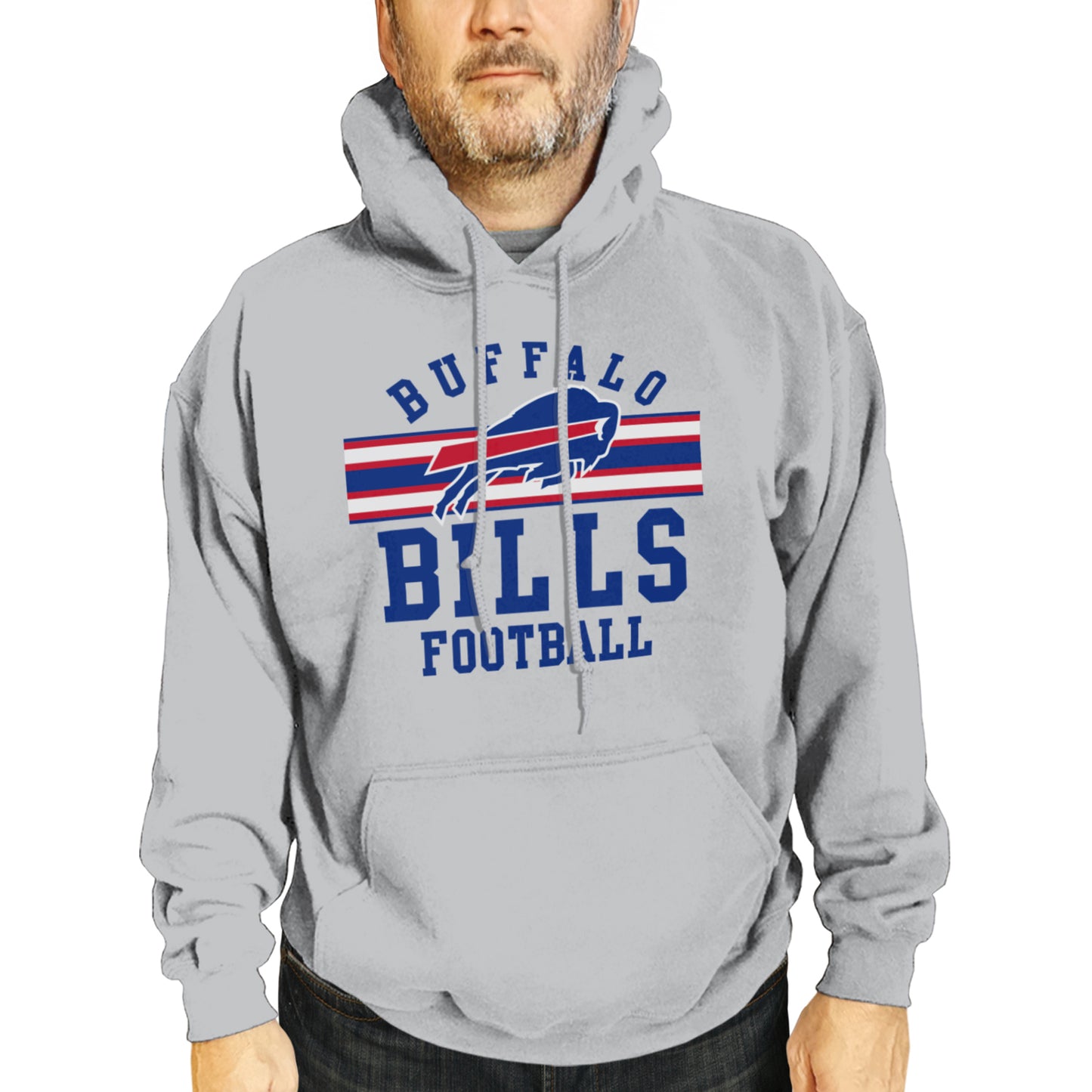 Buffalo Bills NFL Team Stripe Hooded Sweatshirt- Soft Pullover Sports Hoodie For Men & Women - Sport Gray