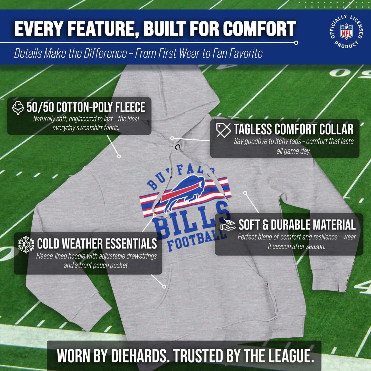 Buffalo Bills NFL Team Stripe Hooded Sweatshirt- Soft Pullover Sports Hoodie For Men & Women - Sport Gray