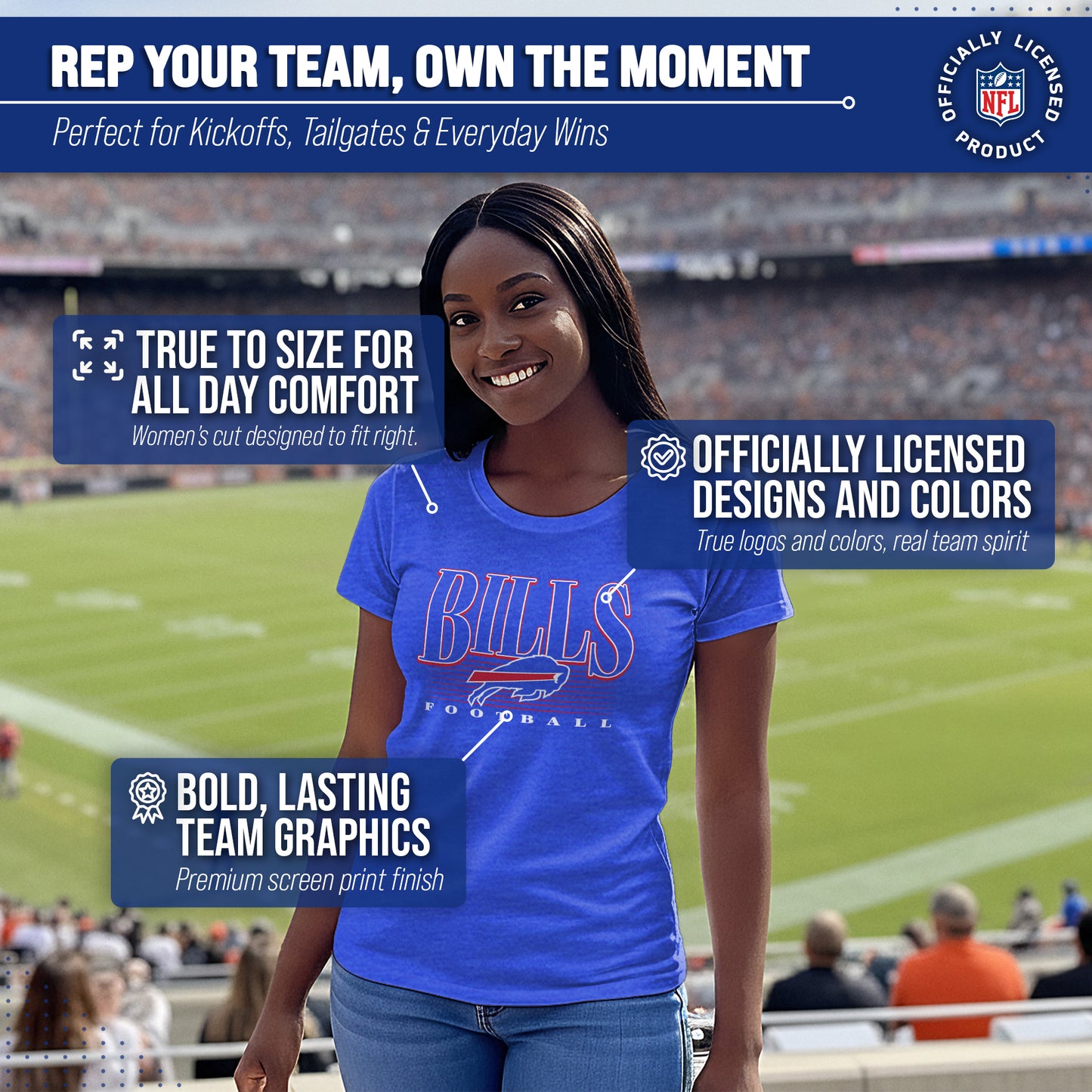 Buffalo Bills NFL Womens Overtime Blueprint Tag-Less T-Shirt - Royal