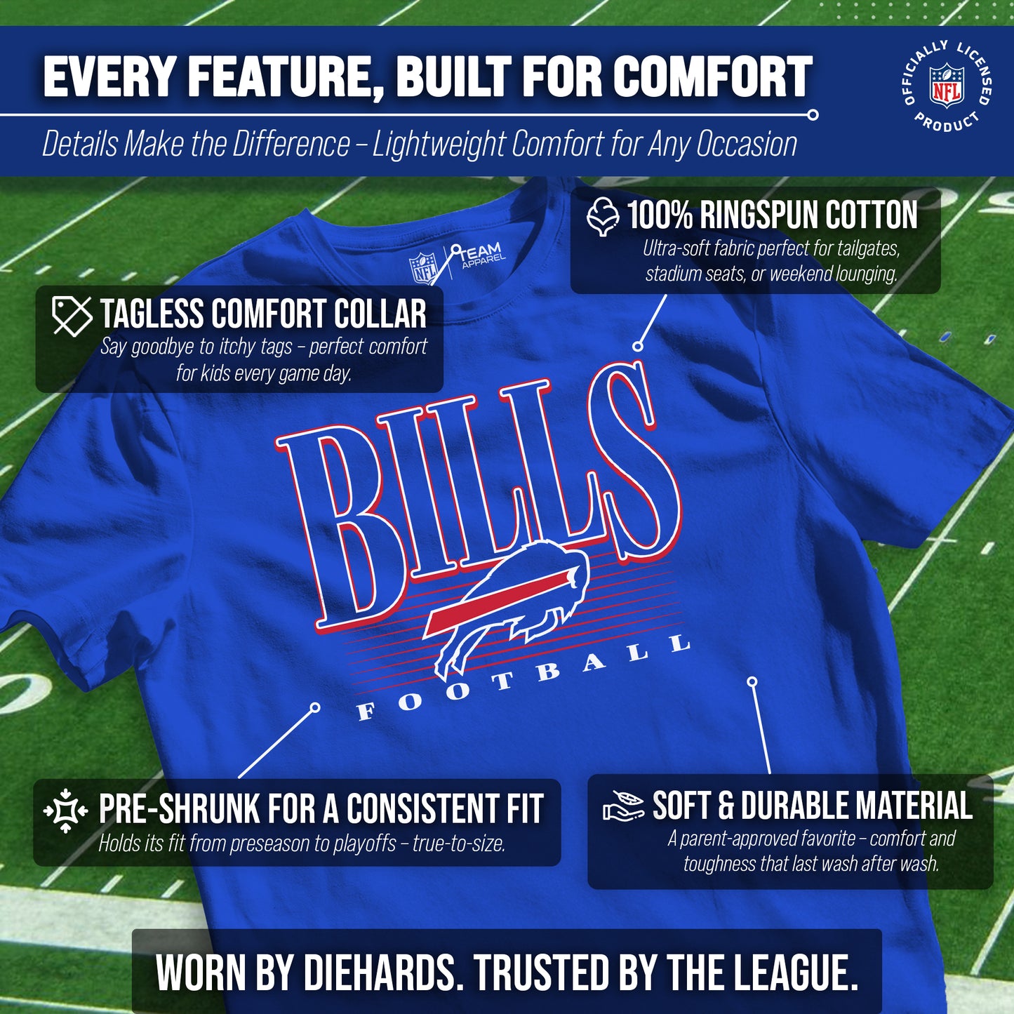 Buffalo Bills NFL Youth Overtime Blueprint Football T-Shirt Unisex Tag Free Comfortable - Royal