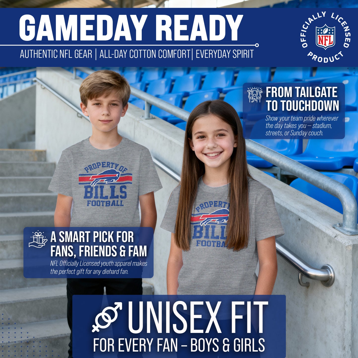 Buffalo Bills NFL Youth Property Of Short Sleeve Lightweight T Shirt - Sport Gray