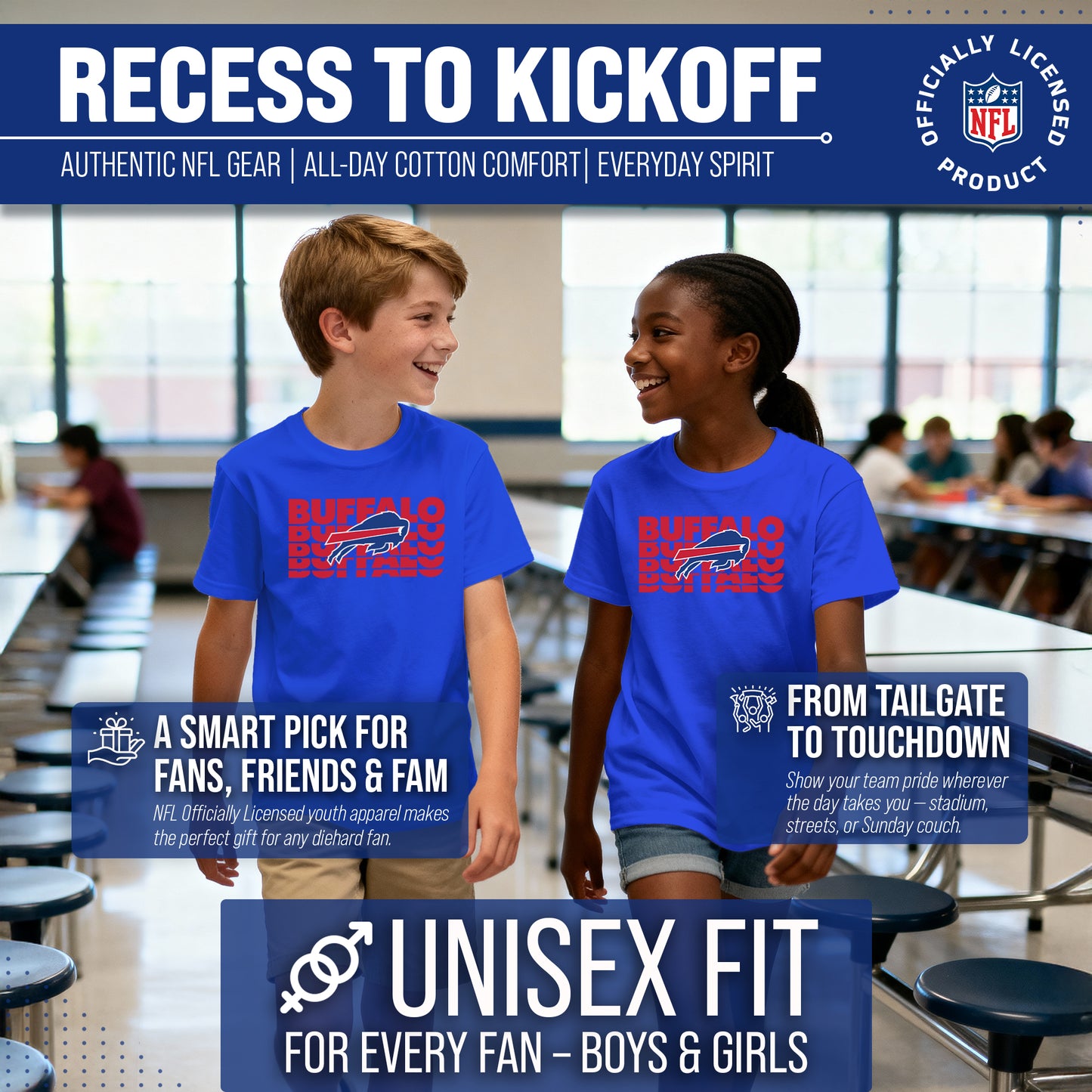 Buffalo Bills NFL Youth Repeating Logo Football T-Shirt Unisex Tag Free Comfortable - Royal