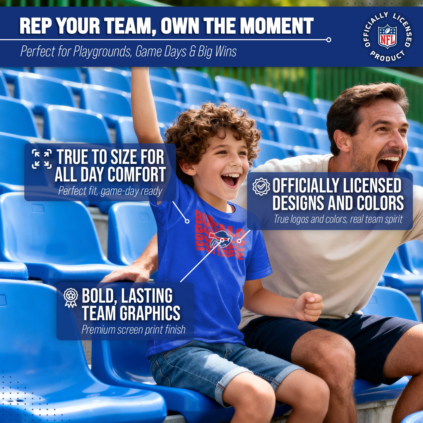 Buffalo Bills NFL Youth Repeating Logo Football T-Shirt Unisex Tag Free Comfortable - Royal