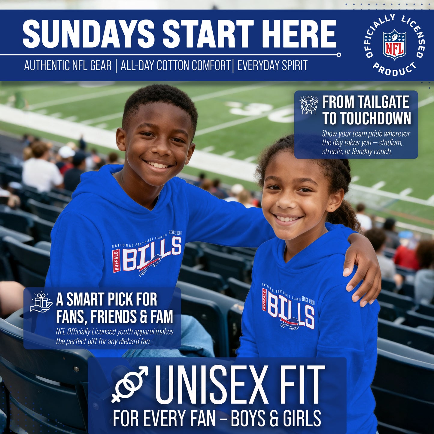 Buffalo Bills NFL Youth Modern Endzone Football Fleece Hooded Sweatshirt - Royal