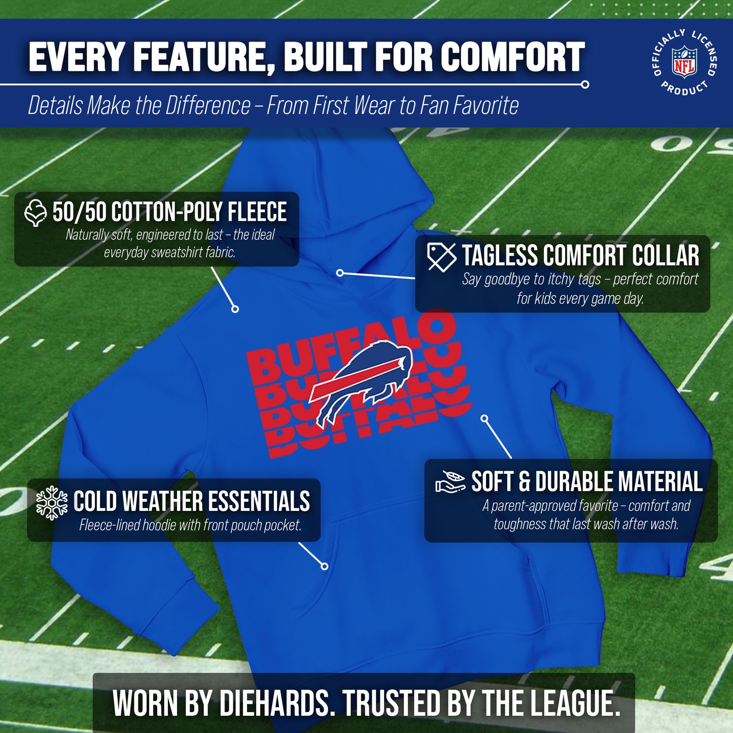 Buffalo Bills NFL Youth Repeating Logo Football Fleece Hooded Sweatshirt - Royal