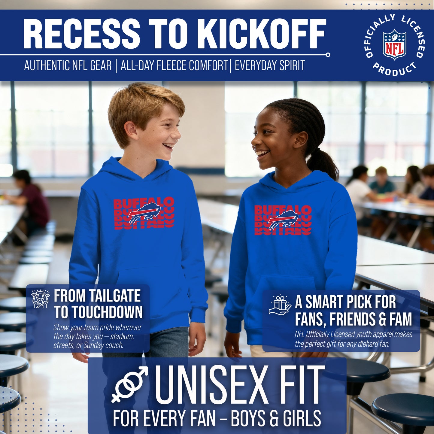 Buffalo Bills NFL Youth Repeating Logo Football Fleece Hooded Sweatshirt - Royal