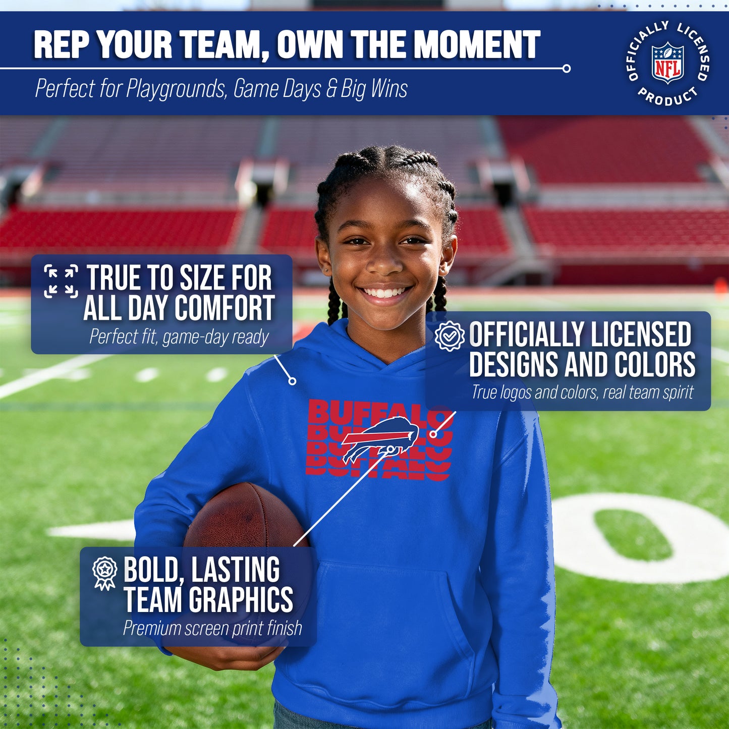 Buffalo Bills NFL Youth Repeating Logo Football Fleece Hooded Sweatshirt - Royal