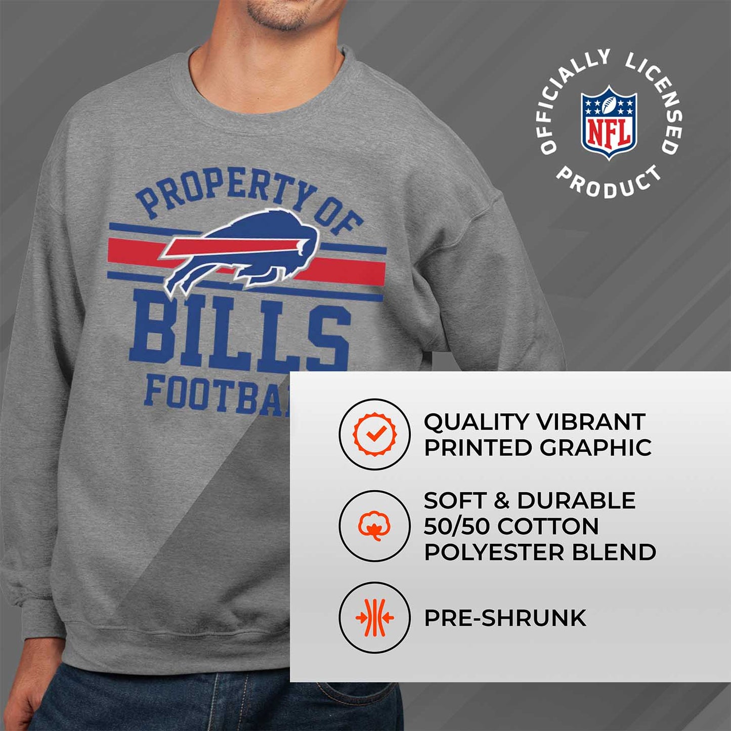 Buffalo Bills NFL Adult Property Of Crewneck Fleece Sweatshirt - Sport Gray