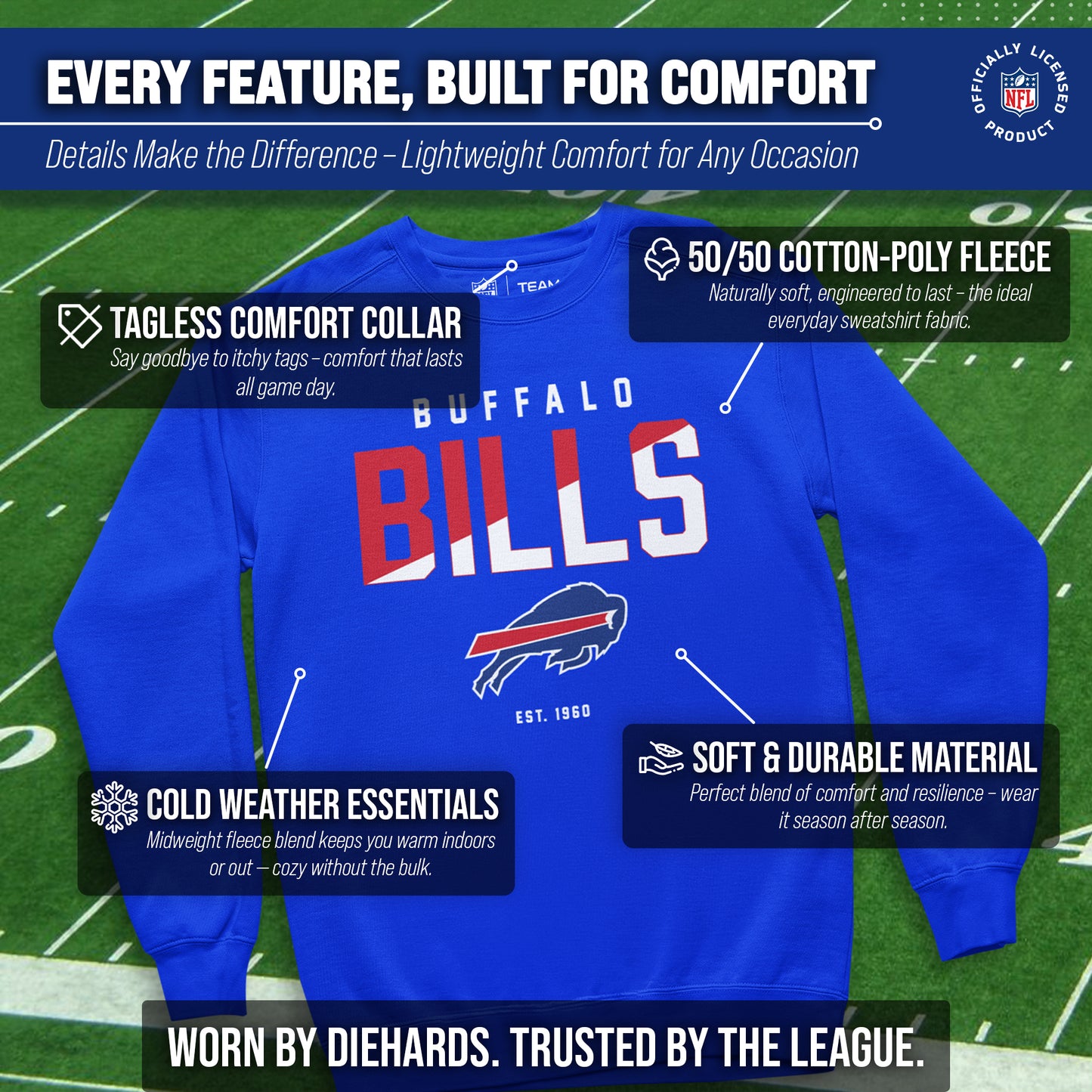 Buffalo Bills Adult NFL Diagonal Fade Color Block Crewneck Sweatshirt - Royal