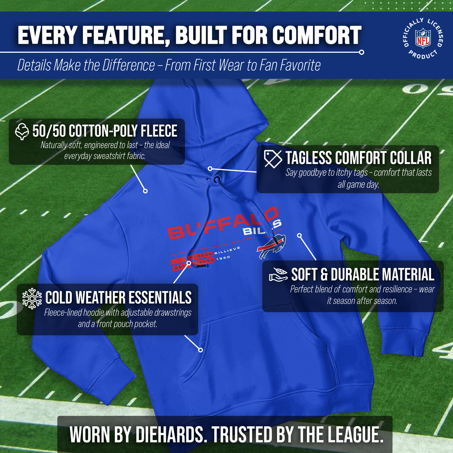 Buffalo Bills Adult NFL Speed Stat Sheet Fleece Hooded Sweatshirt - Royal