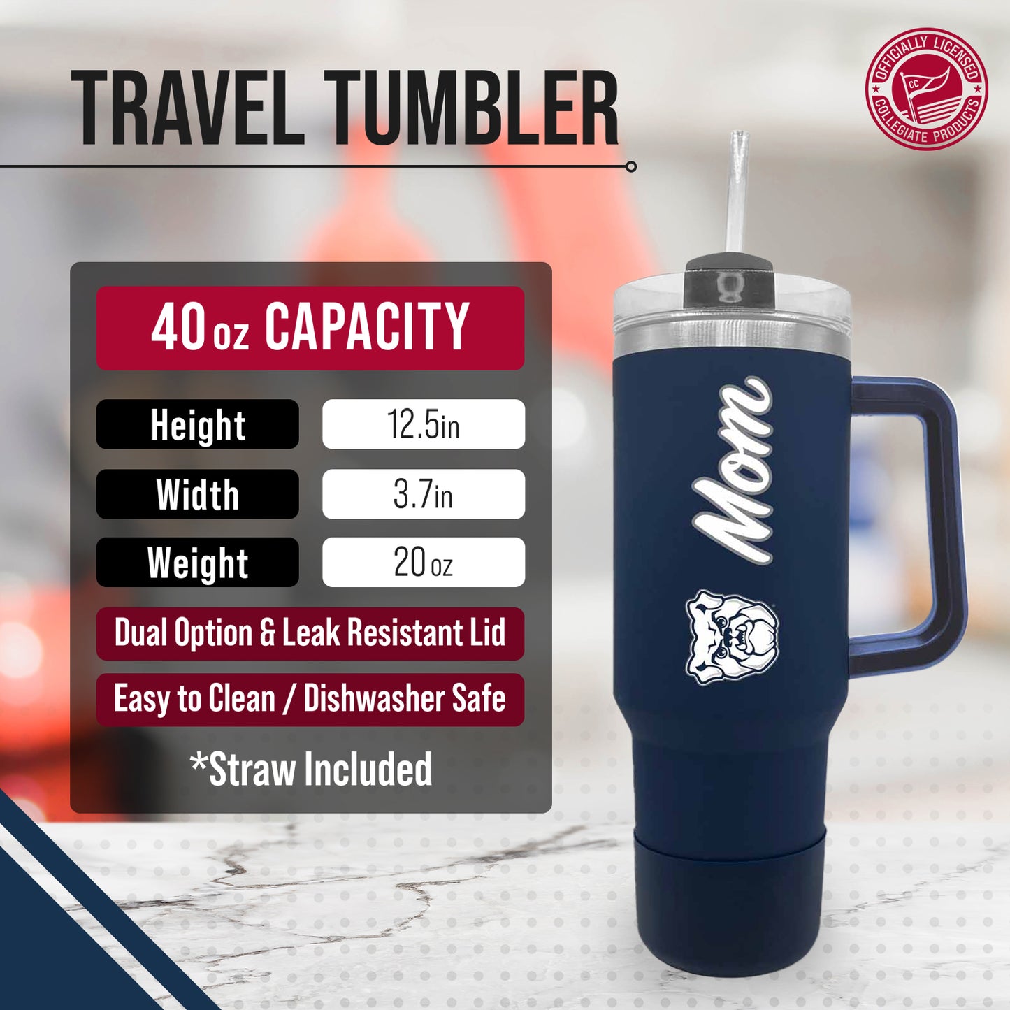 Butler Bulldogs Collegiate 40oz Stainless Steel Travel Tumbler with Handle for Mom - Navy