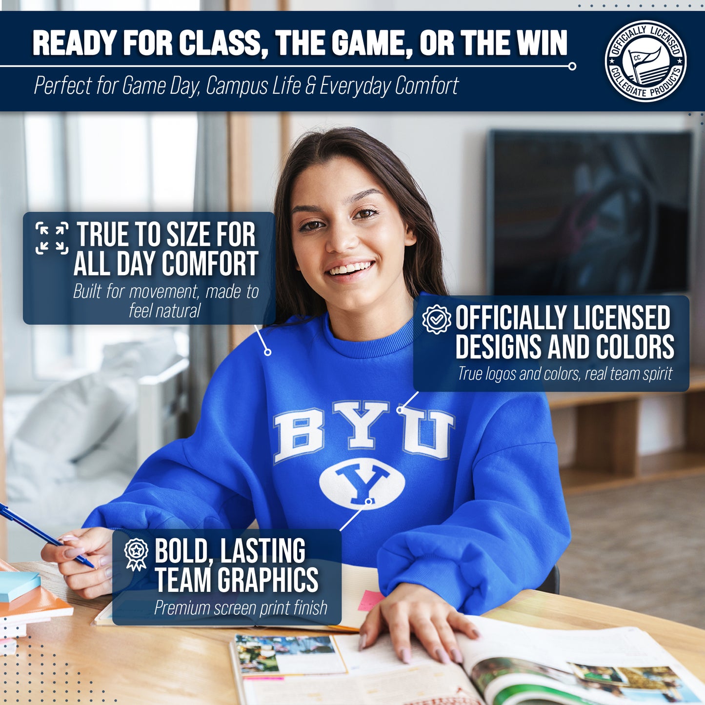 BYU Cougars Adult Arch & Logo Soft Style Gameday Crewneck Sweatshirt - Navy