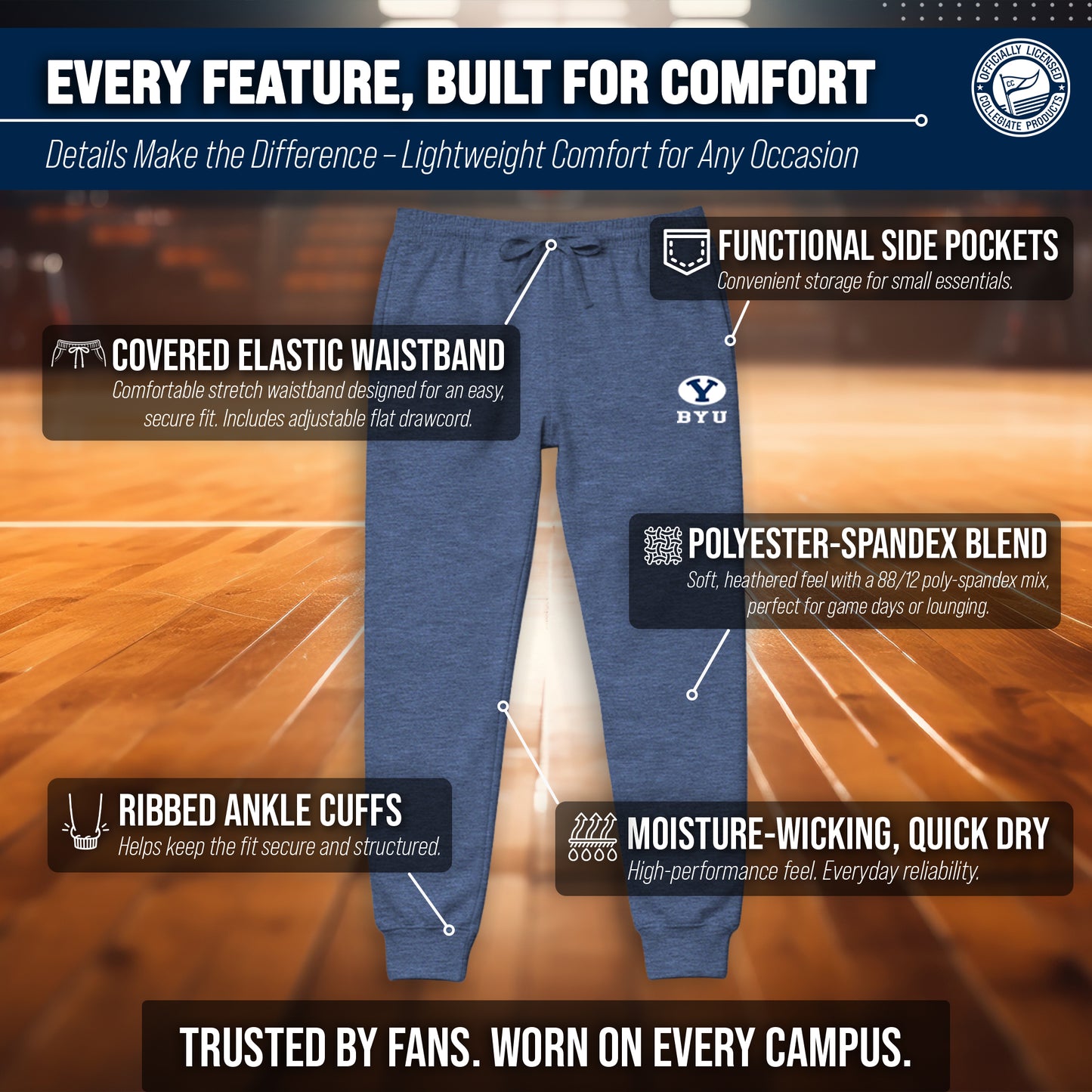 BYU Cougars NCAA Men’s University Cloud Jersey Performance Jogger Pants with Drawstring Waistband - Navy Heather