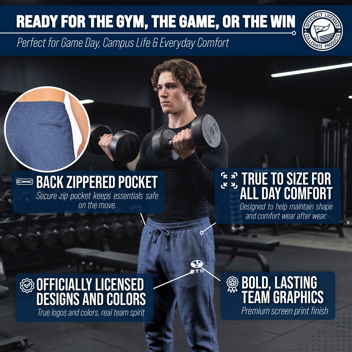 BYU Cougars NCAA Men’s University Cloud Jersey Performance Jogger Pants with Drawstring Waistband - Navy Heather