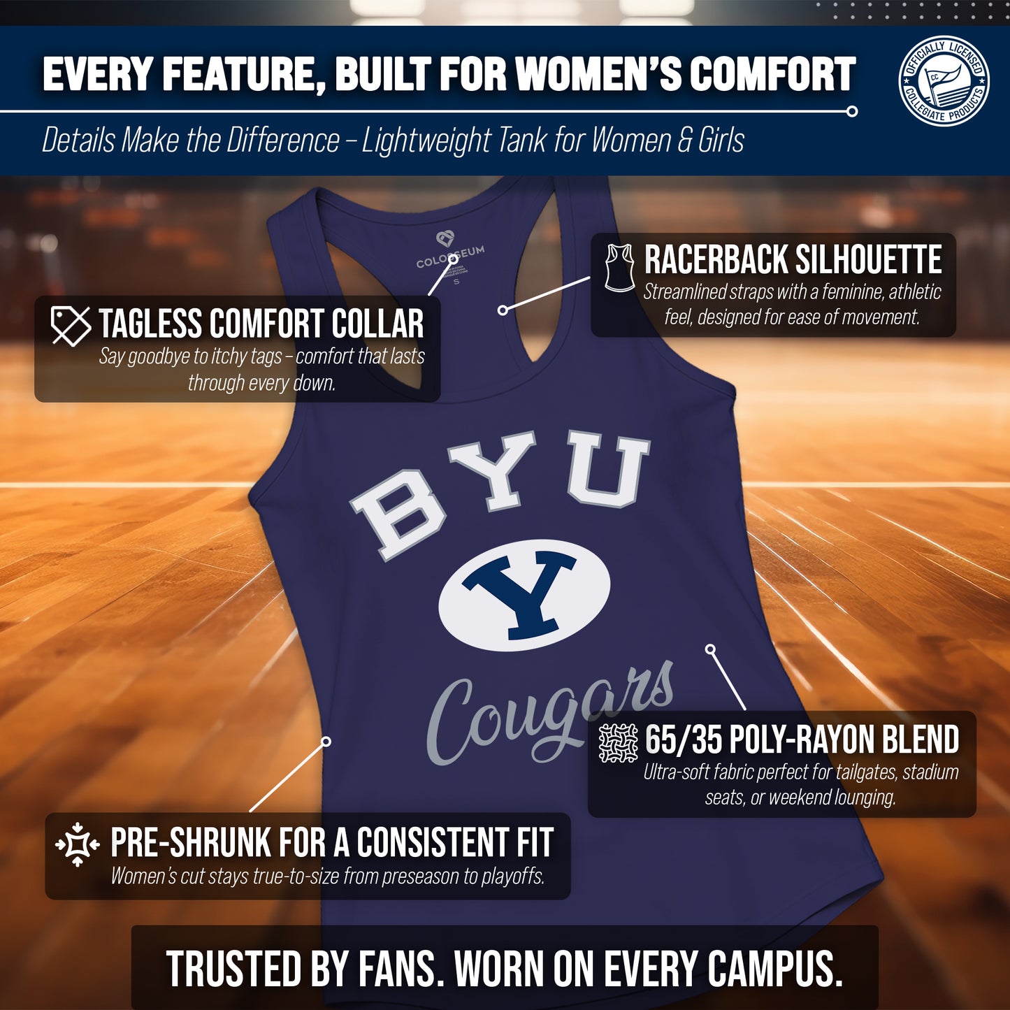 BYU Cougars NCAA Womens Tag-Less Ultra Soft Tailgate Tank Top - Navy Heather