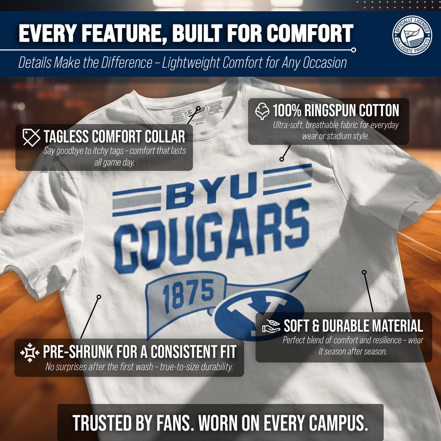 BYU Cougars NCAA Adult Unisex Varsity Club Pennant T-Shirt Tag-Less - Off White