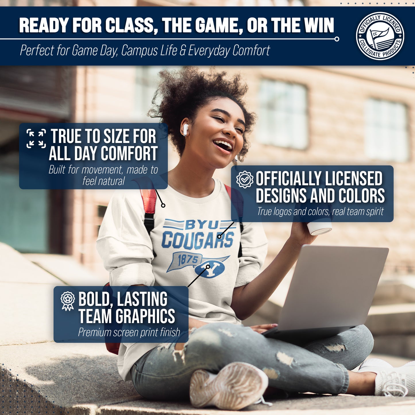 BYU Cougars NCAA Adult Unisex Varsity Club Pennant Crewneck Fleece Sweatshirt - Off White