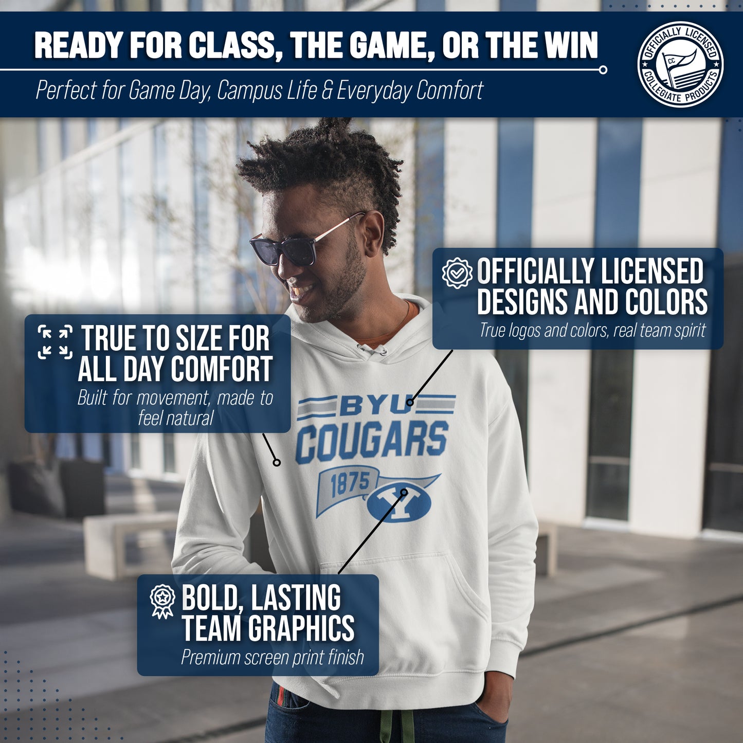 BYU Cougars NCAA Adult Unisex Varsity Club Pennant Hooded Fleece Sweatshirt - Off White