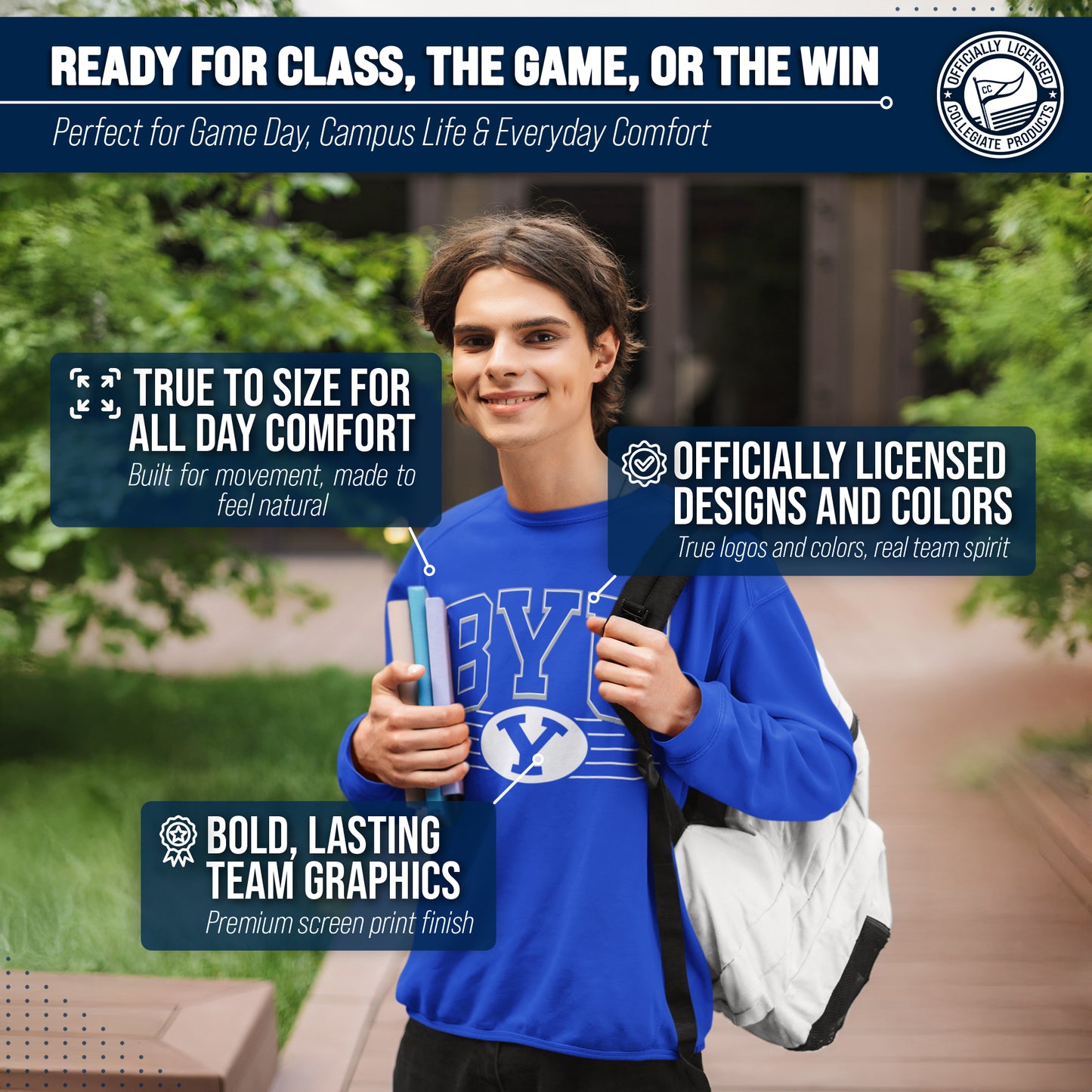BYU Cougars NCAA Adult Unisex Overtime Classics Crewneck Fleece Sweatshirt - Royal