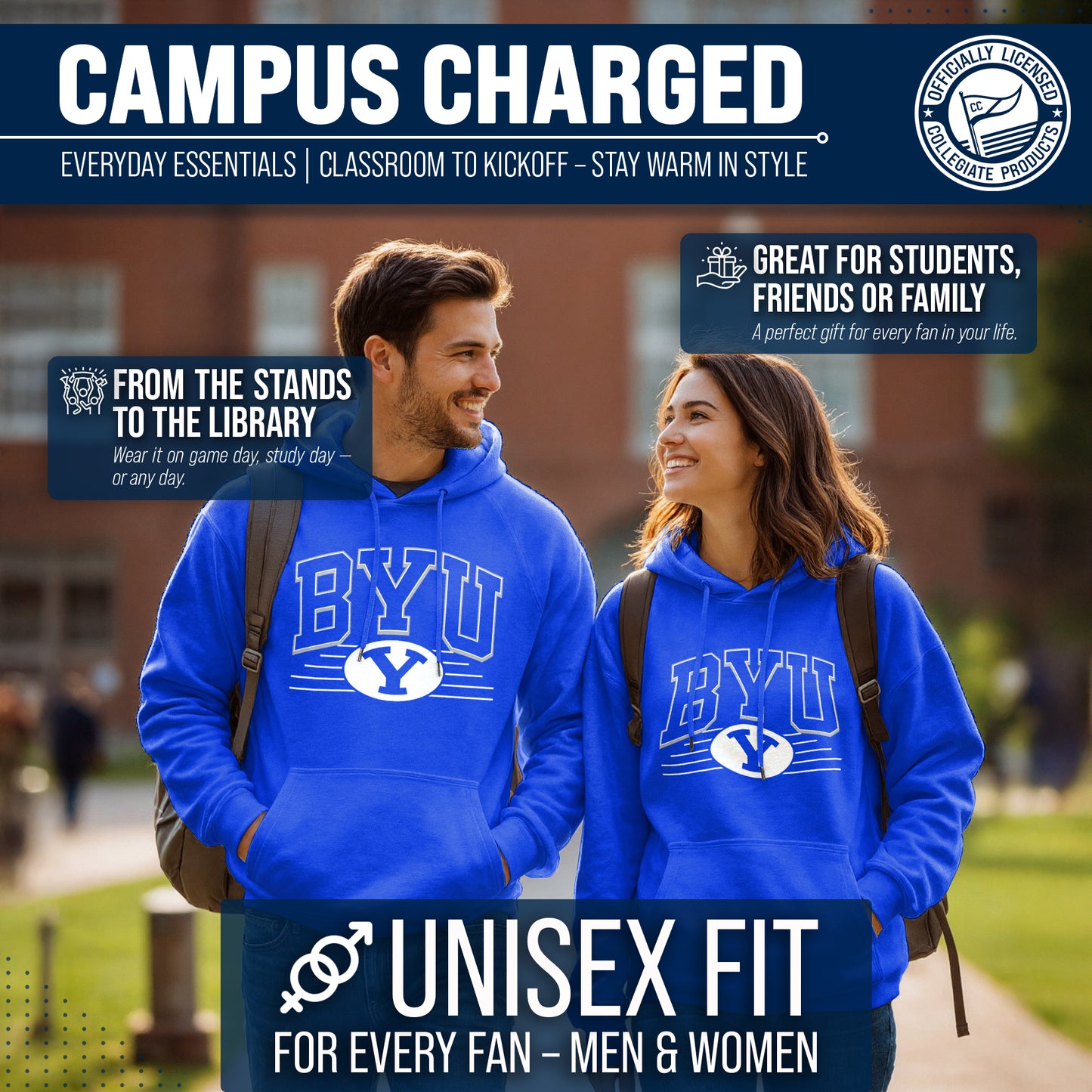 BYU Cougars NCAA Adult Unisex Overtime Classics Hooded Fleece Sweatshirt - Royal