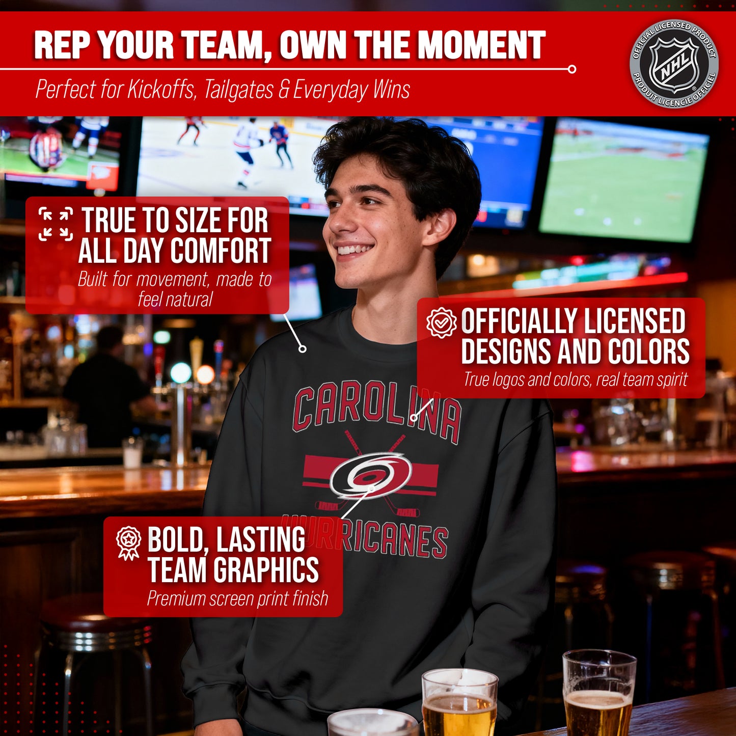 Carolina Hurricanes Adult NHL Faceoff Hockey Fleece Crewneck Sweatshirt - Black