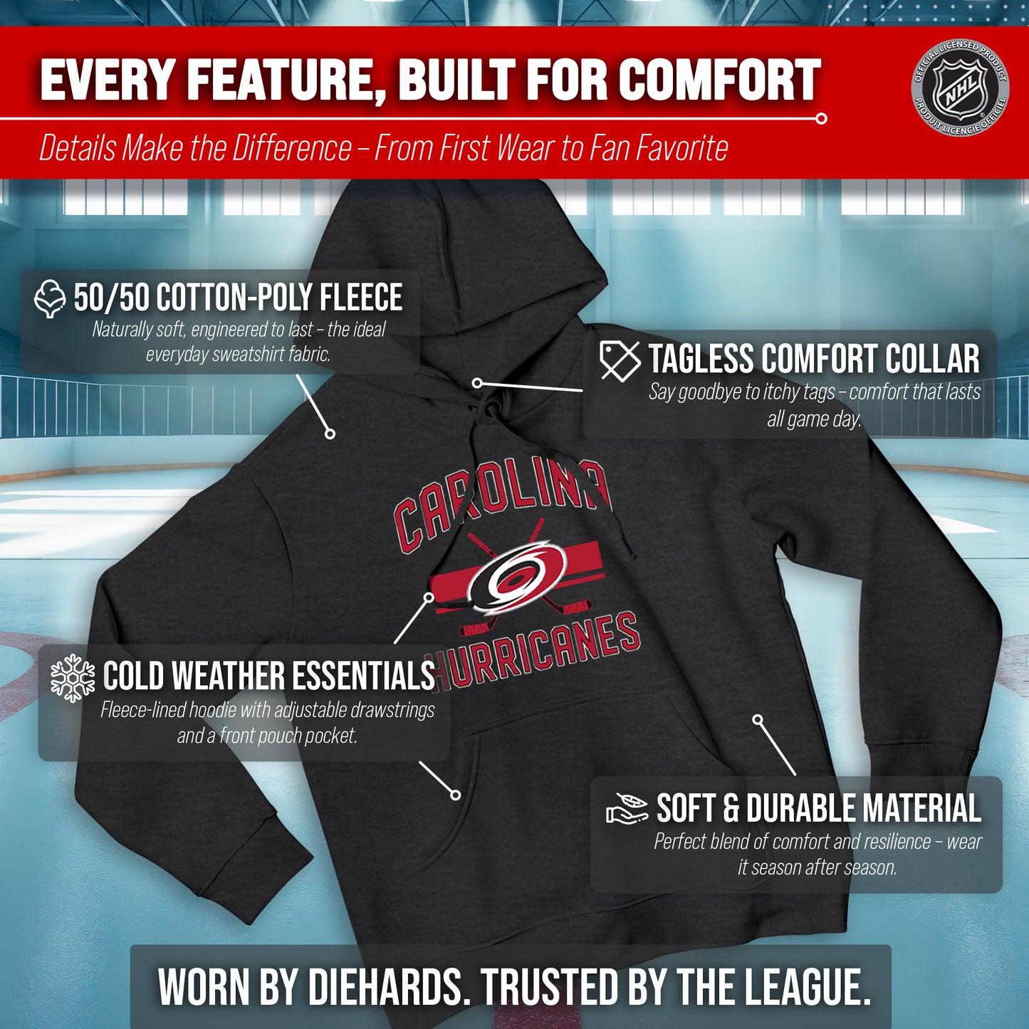 Carolina Hurricanes Adult NHL Faceoff Hockey Fleece Hooded Sweatshirt- Jersey Stripe - Black