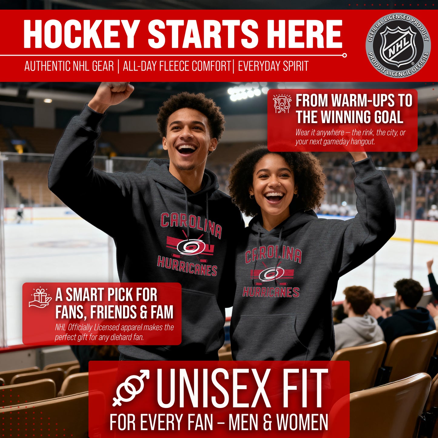 Carolina Hurricanes Adult NHL Faceoff Hockey Fleece Hooded Sweatshirt- Jersey Stripe - Black