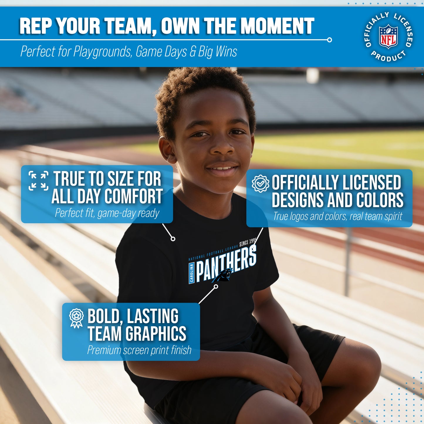 Carolina Panthers NFL Youth Modern Endzone Football T-Shirt Unisex Tag Free Comfortable - Black