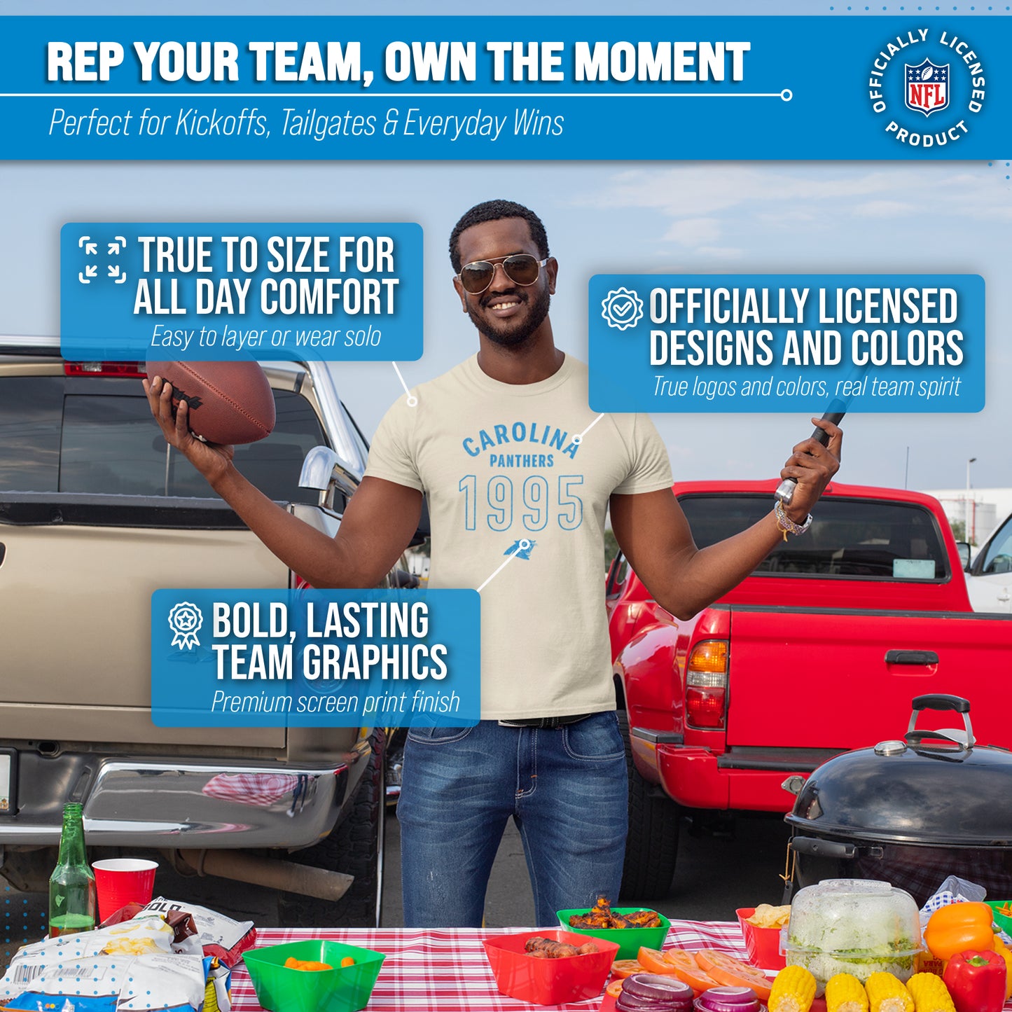 Carolina Panthers NFL Adult Big Date Tag-Less T-Shirt - Natural