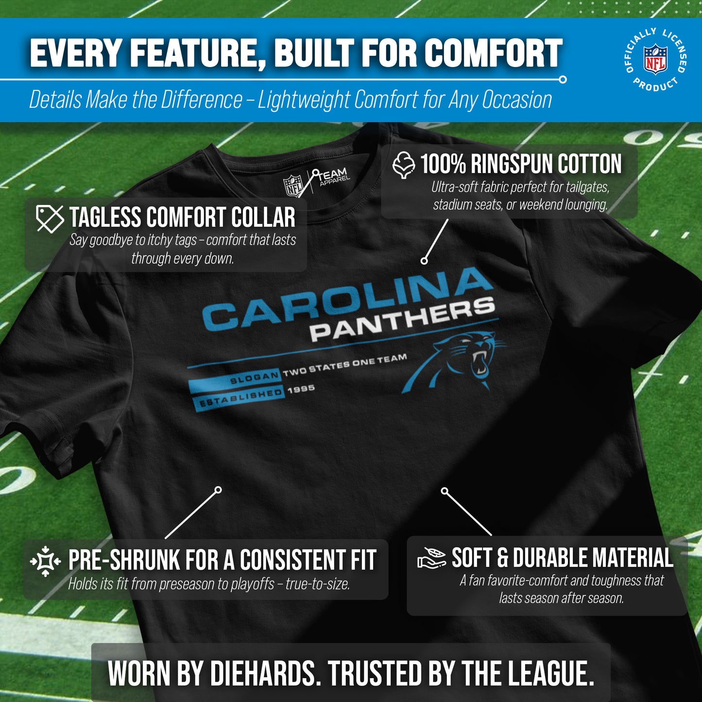 Carolina Panthers Adult NFL Speed Stat Sheet T-Shirt - Black