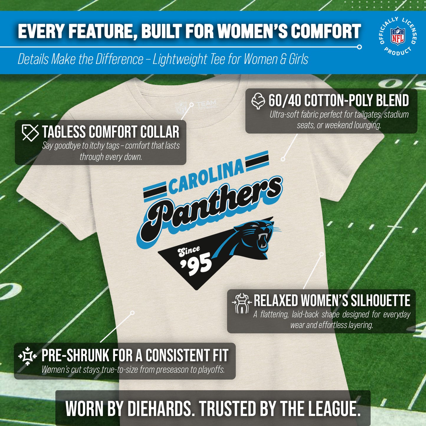 Carolina Panthers NFL Womens Vintage Charm Tag-Less Soft T-Shirt - Birch