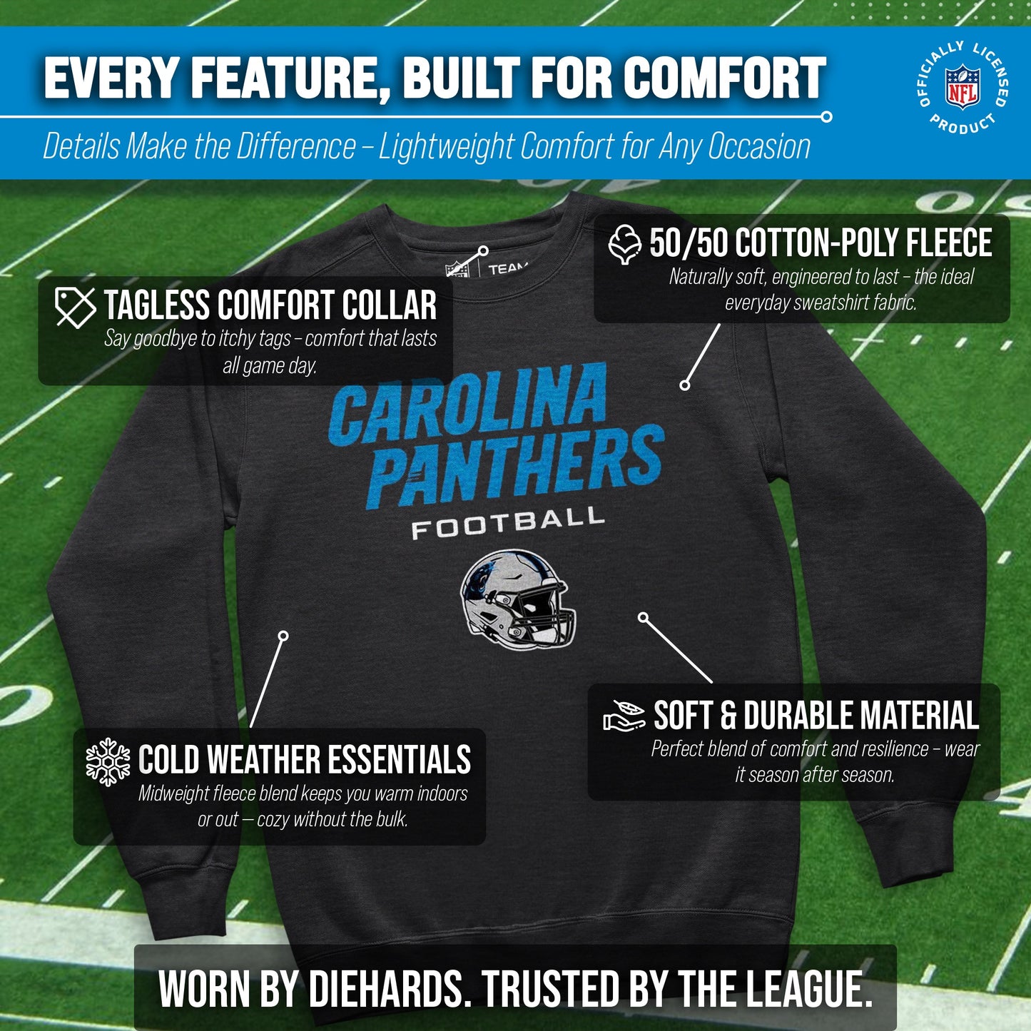 Carolina Panthers Adult NFL Football Helmet Heather Crewneck Sweatshirt - Charcoal