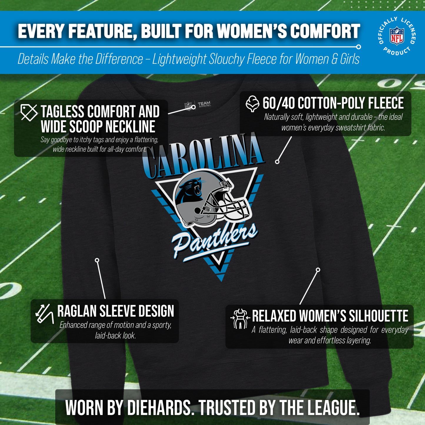 Carolina Panthers NFL Womens Retro Triangle Slouchy Crewneck - Heather Charcoal