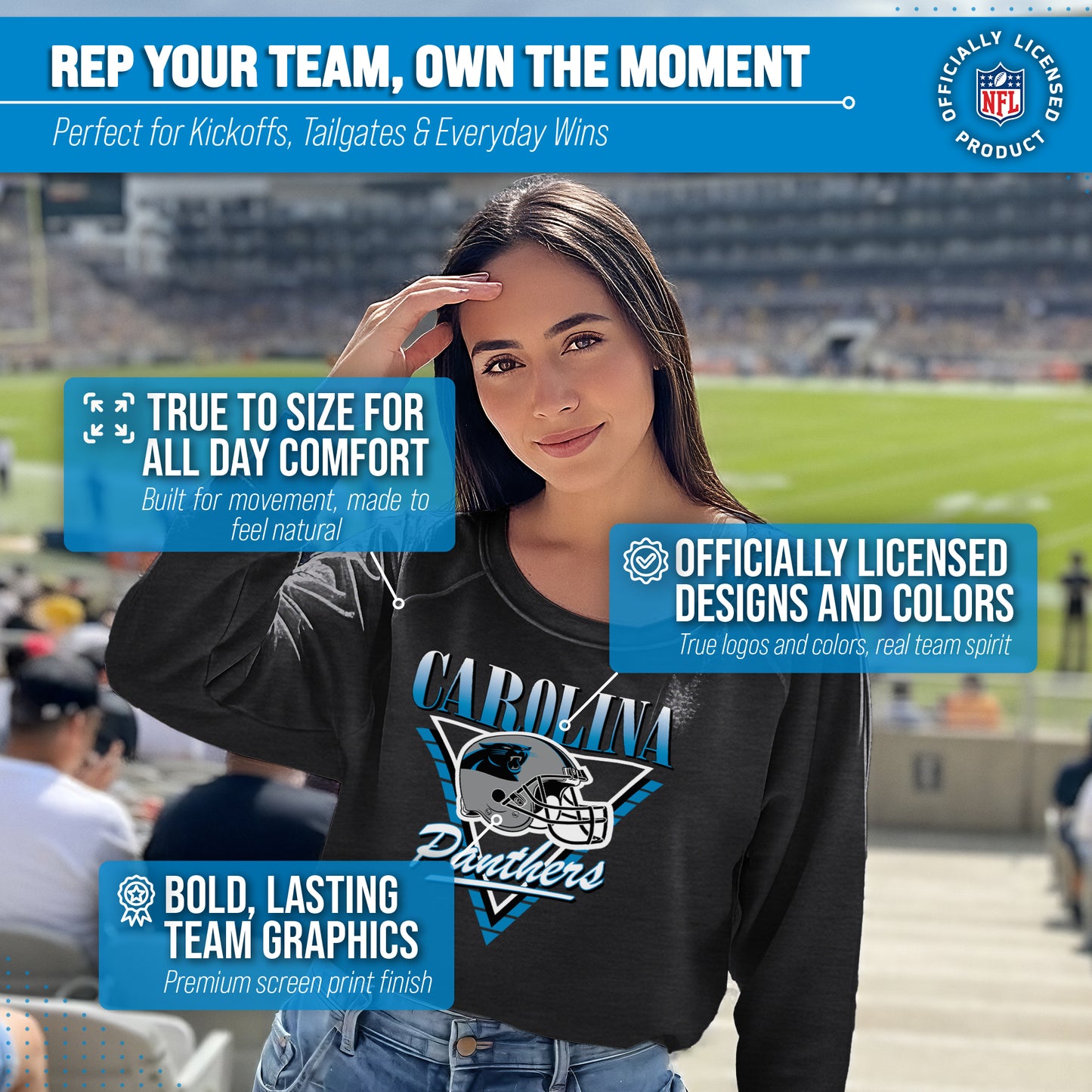 Carolina Panthers NFL Womens Retro Triangle Slouchy Crewneck - Heather Charcoal