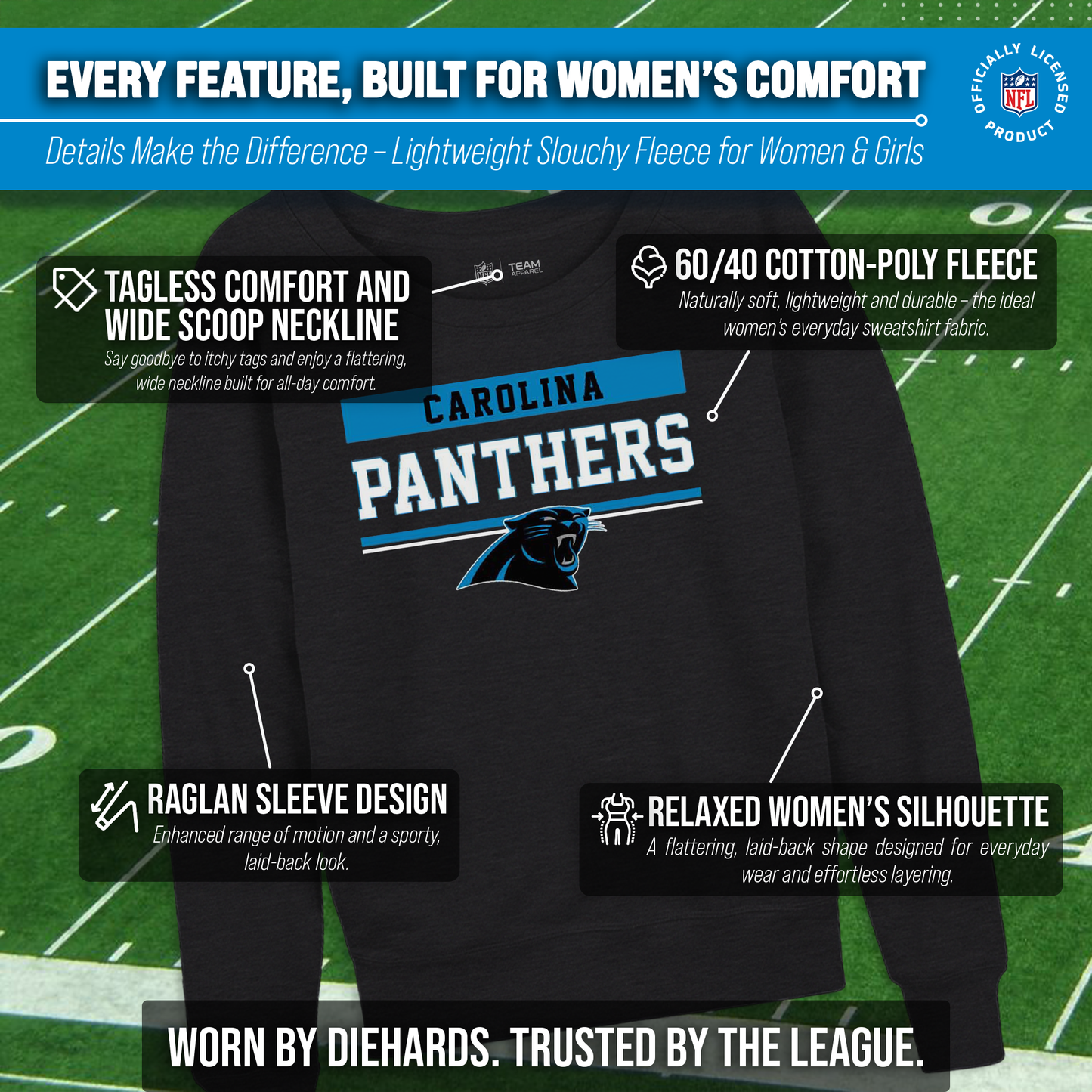 Carolina Panthers NFL Womens Charcoal Crew Neck Football Apparel - Charcoal