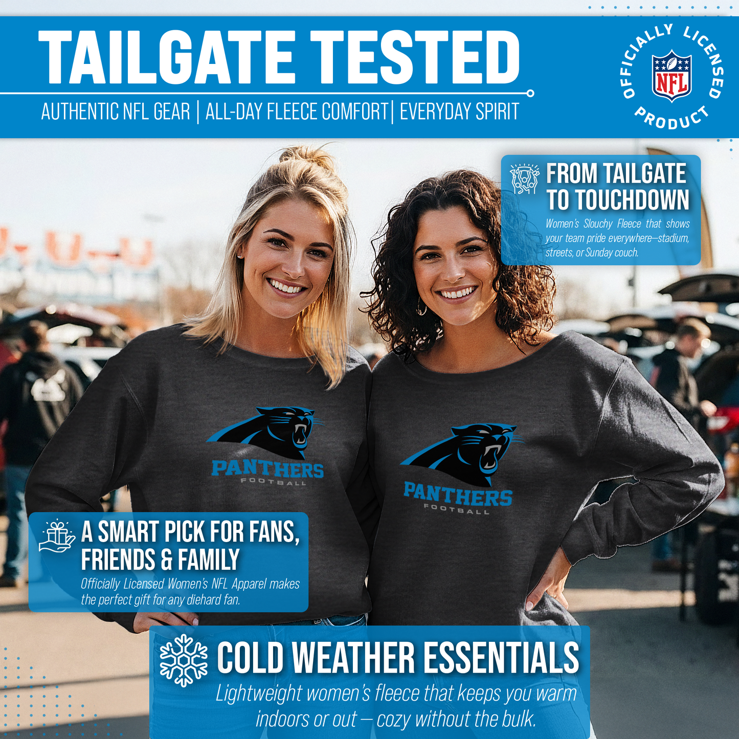 Carolina Panthers Women's NFL Ultimate Fan Logo Slouchy Crewneck -Tagless Fleece Lightweight Pullover - Charcoal