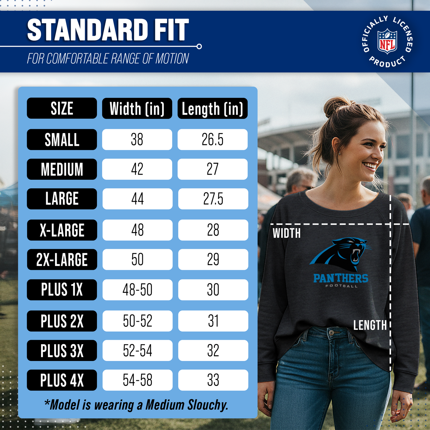 Carolina Panthers Women's NFL Ultimate Fan Logo Slouchy Crewneck -Tagless Fleece Lightweight Pullover - Charcoal