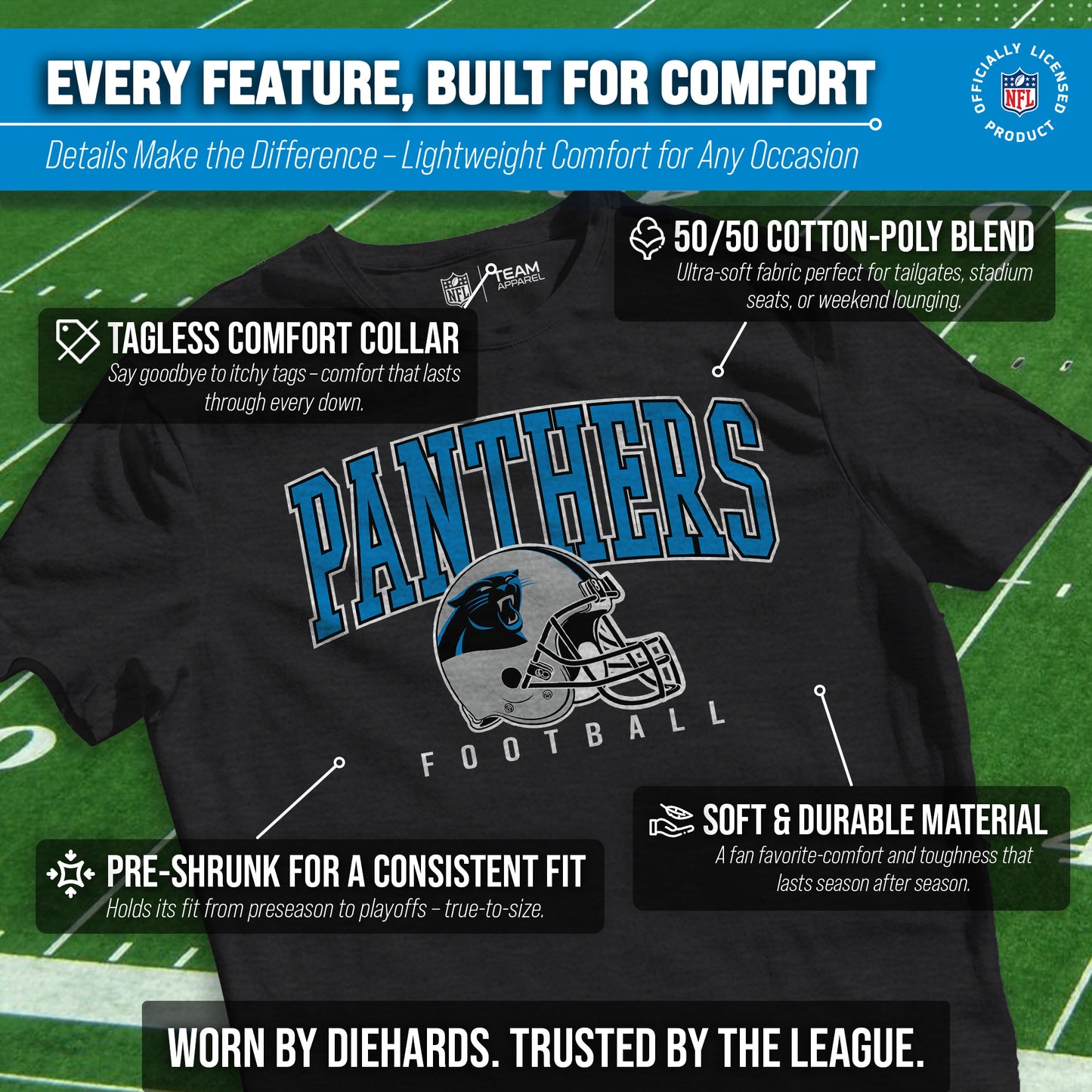 Carolina Panthers NFL Adult All Star Heather Tag-Less T-Shirt - Black Heather