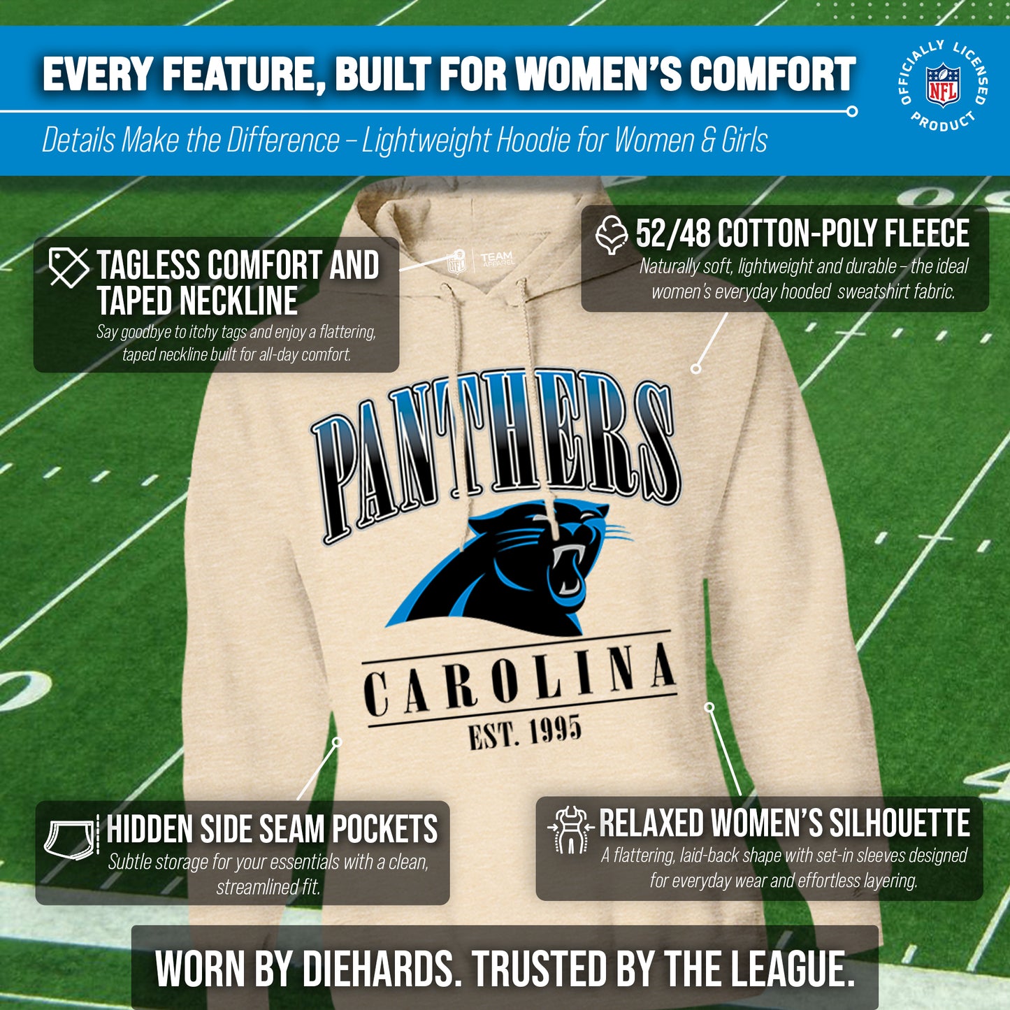 Carolina Panthers Ladies NFL Starstruck Fleece Pullover Hooded Sweatshirt - Cream