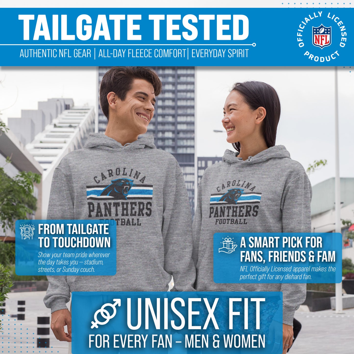Carolina Panthers NFL Team Stripe Hooded Sweatshirt- Soft Pullover Sports Hoodie For Men & Women - Sport Gray