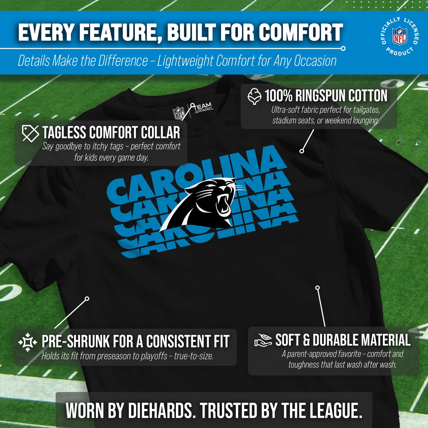 Carolina Panthers NFL Youth Repeating Logo Football T-Shirt Unisex Tag Free Comfortable - Black